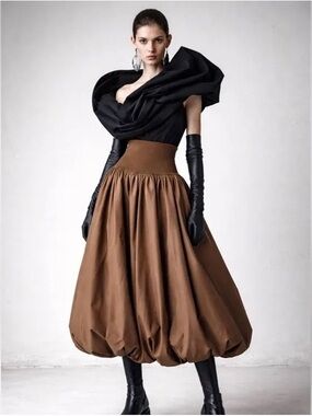 Emerson Lang Bubble Hem Midi Skirt Brown Pockets Drop Waist NWT M